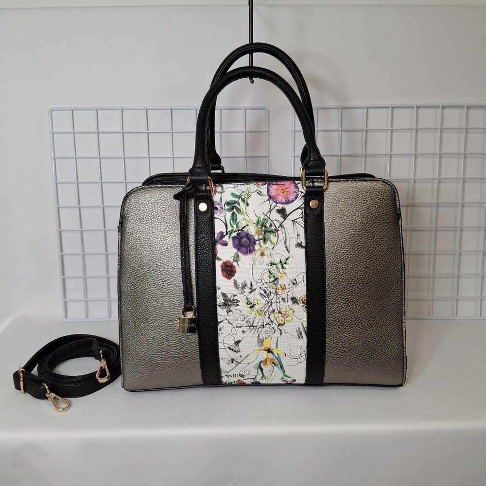 Floral Top Handle Structured Large Purse, Vegan Leather, Goldtone Hardware Dasei